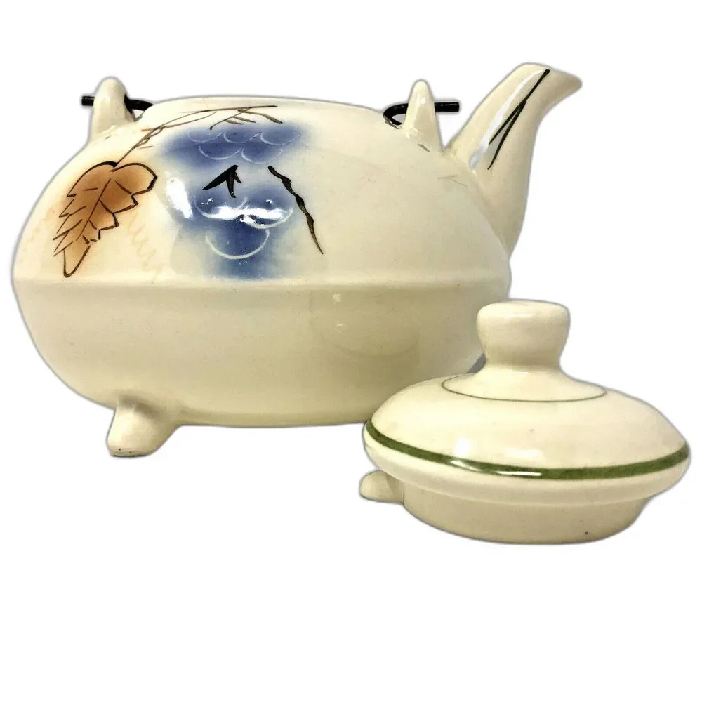 California Pottery Teapot Vintage 3 Toed Handpainted Fruit Metal Coil Handle USA
